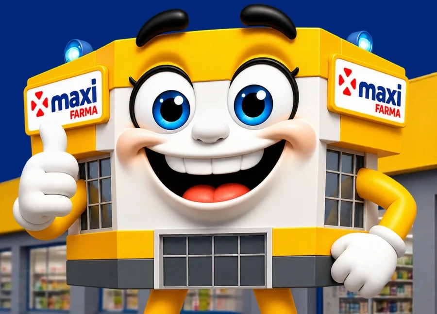 O mascote da Maxifarma, uma loja sorridente fazendo joinha